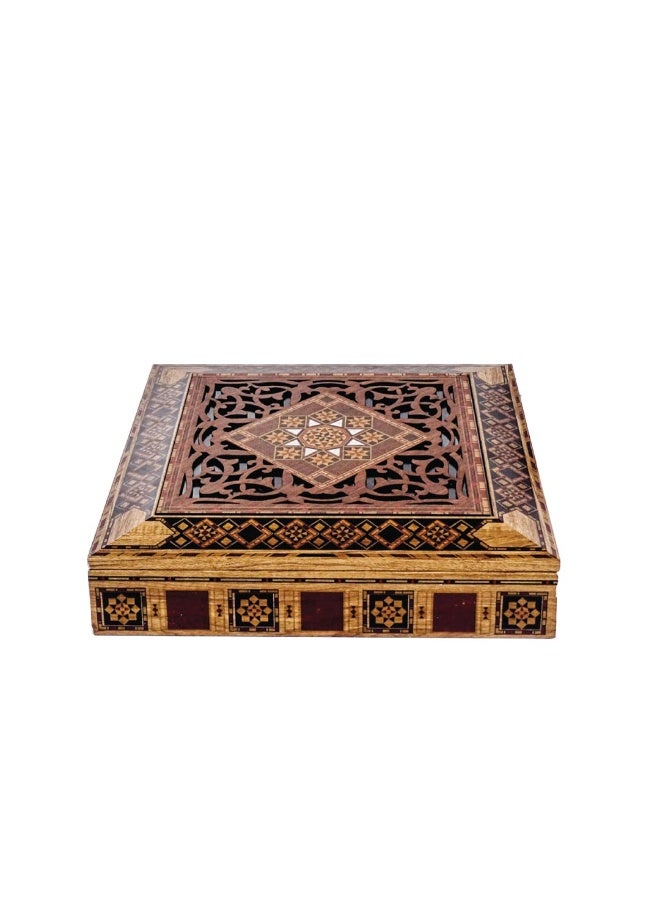 صندوق هدايا خشبي لشهر رمضان مع غطاء زخرفي أكريليك - صندوق تعبئة عيد قابل لإعادة الاستخدام للتمور والشوكولاتة والفواكه المجففة والحلويات وسلال العيد